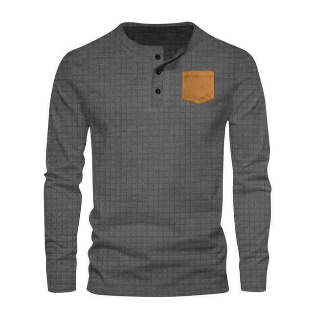 pstuiky camisetas de manga larga para hombre, Suéter de cuello redondo con botones y bolsillos para hombre, camiseta de manga larga con cuello redondo Tops de hombre s
