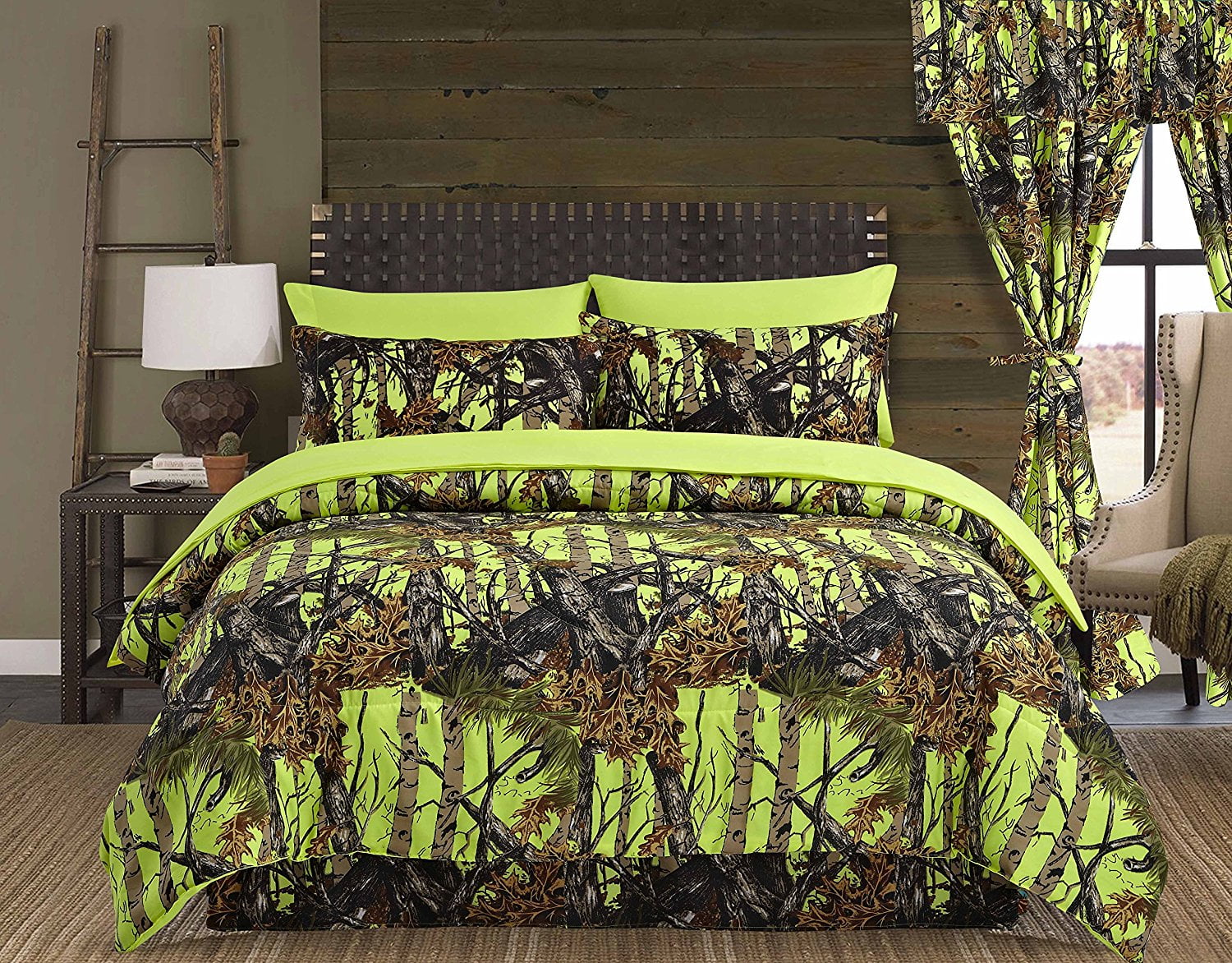 4 pc Lime Yellow Camo Woods Twin Comforter and microfiber sheets & 1 pillow case 