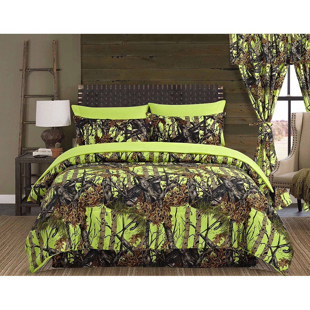 Regal Comfort The Woods Lime Green Camouflage King 4 Piece Premium Luxury Comforter, Bed Skirt