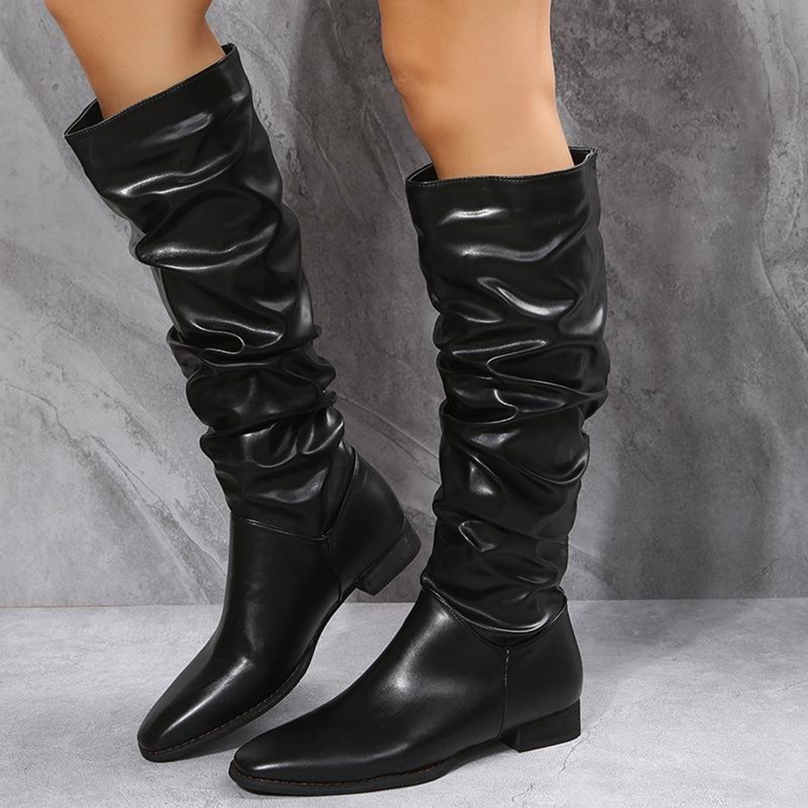 Womens Boots Fashion Solid Color Leather d Pointed Toe Flat Long Boots Black 6.5 Boots Women - Walmart.com