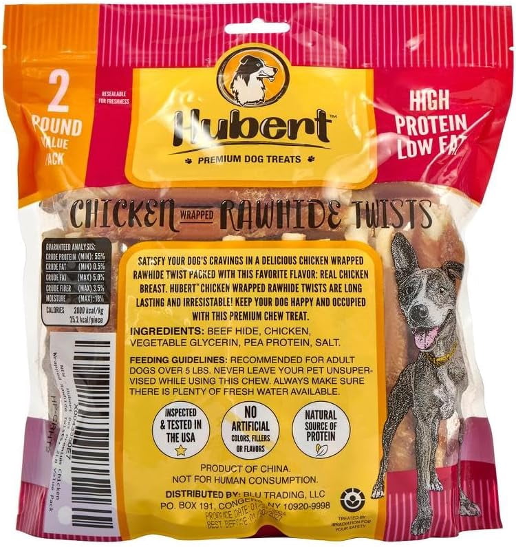 Hubert Pet Premium Chicken Wrapped Rawhide Twists Natural Dog Treats, Grain Free, Low Ingredient, USA Tested - 2 lbs Resealable Value Pack