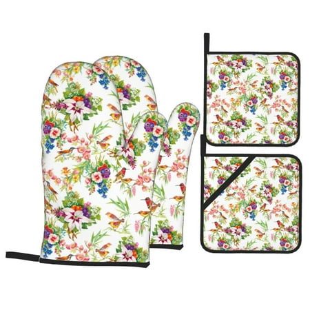 

Oven Mitts and Pot Holders 4 Piece Birds And Flowers High Heat Slip Resistant Oven Mitt and Trivets Set Kitchen Oven Glove Pot Holders for Cooking Baking Grilling