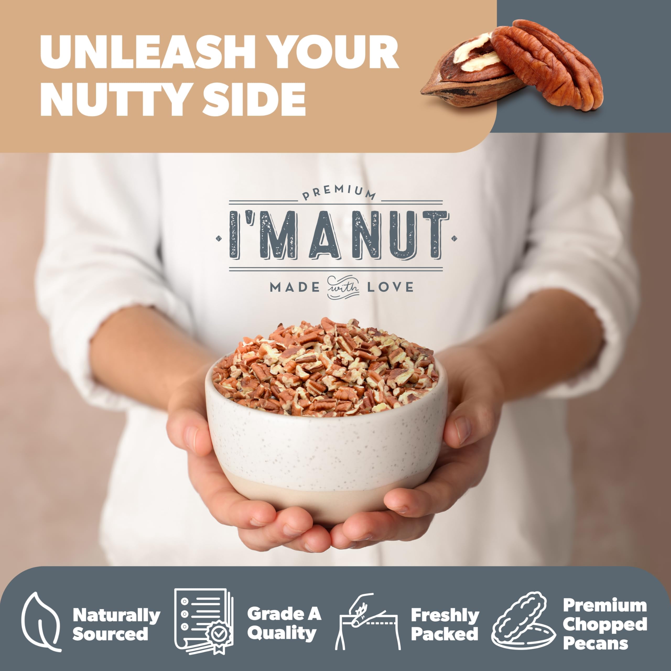 Pecans Pieces, 48 oz, American-Grown, Non-GMO, Batch Tested Gluten and Peanut Free Kosher I'M A NUT