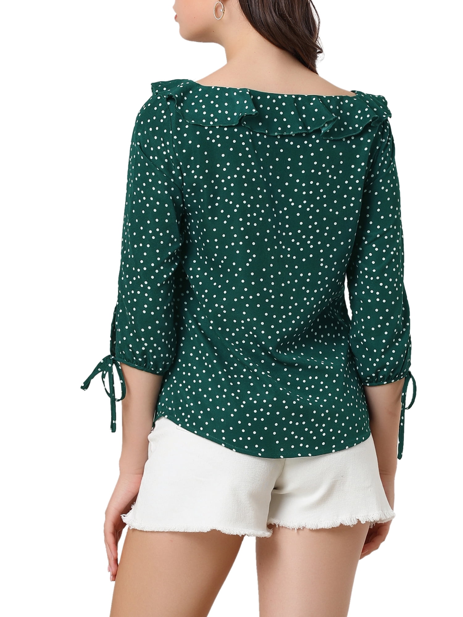DARING DIVA Polka Dots Ruffled Neck 3/4 Sleeve Blouse Top S Green