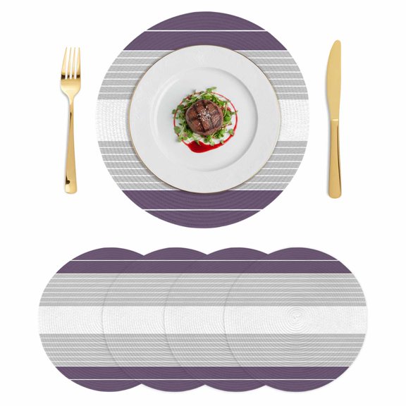 Purple Grey Stripe Round 13 Inch Placemats Set of 4, Modern Art Horizontal Striped HeatResistant Non Slip Place Mats for Dining Table, Wipeable Braided Kitchen Table Mats for Housewarming