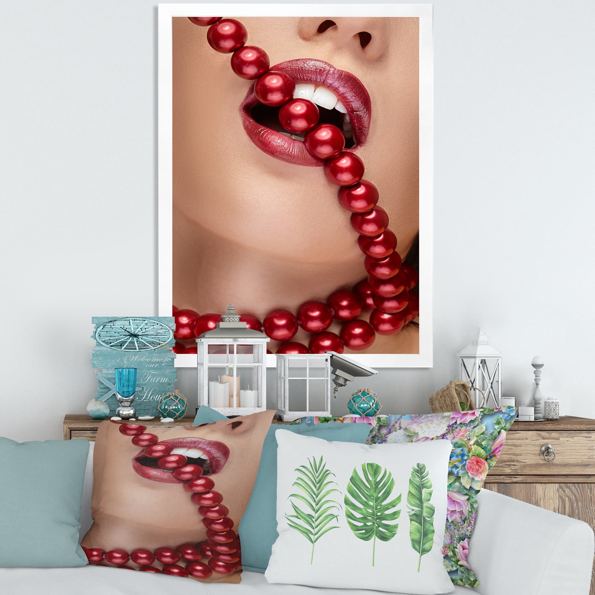 Designart 'Girl Mouth With Red Lipstick Biting Red Pearls' Modern Framed Art Print