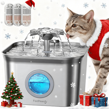 FeelNeedy Cat Water Fountain, 2.8L/95oz Stainless Steel Cat Fountain with 3 Filters, Ultra-quiet Automatic Pet Water Dispenser for Cats Indoor