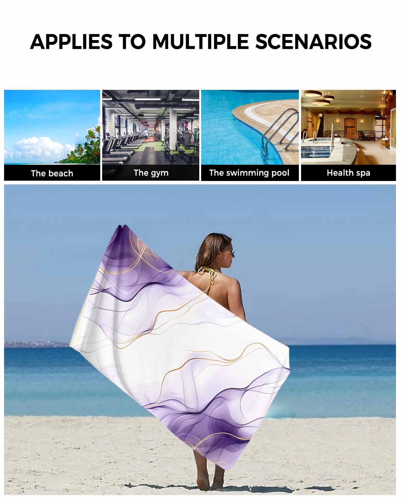 Marble Purple Bath Towels for Bathroom Set,Luxury Microfiber Towels Gifts for Women,Beach Kitchen Hand Hair Face Towel and Dish Washcloth,Gold White Modern Gradient Ocean Ripple Towels+Set