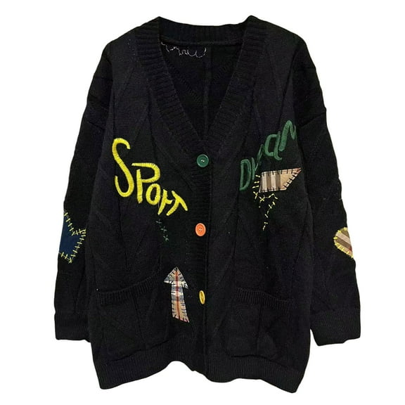 Sweater for Women Loose Casual Letter Embroidery Cardigan Y2K Long Sleeve V Neck Trendy Clothes 2025