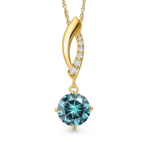 Gem Stone King 10K Yellow Gold Blue Moissanite and Lab Grown Diamond Pendant Necklace for Women | 1.03 Cttw | Gemstone Birthstone | Round 6.5MM | With 18 inch Chain