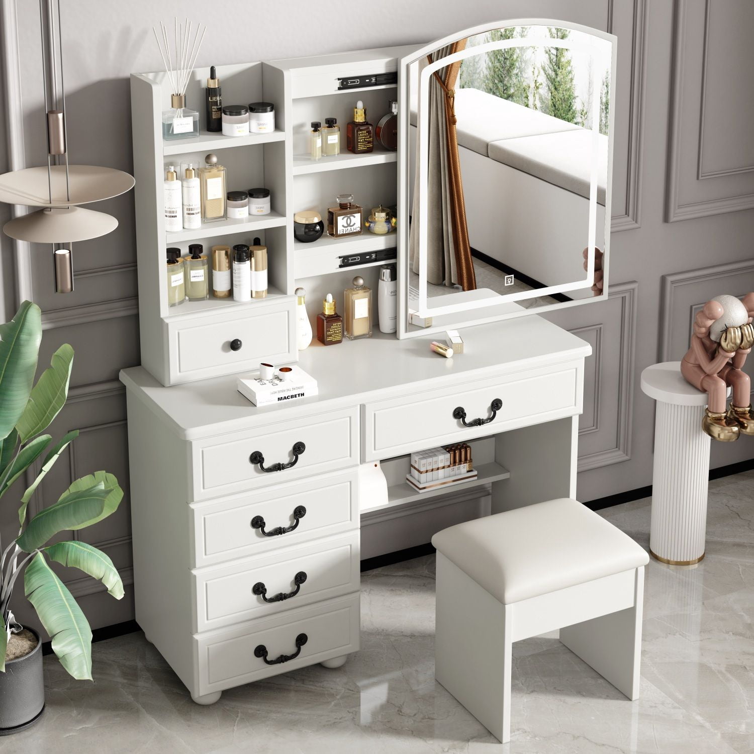 Asteroutdoor Vanity Desk with Mirror and Lights, 6 Drawers, White