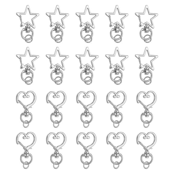 Uxcell 20 Pack Metal Spring Snap Keychain Clip, Star Heart Shape Lobster Clasp, Silver
