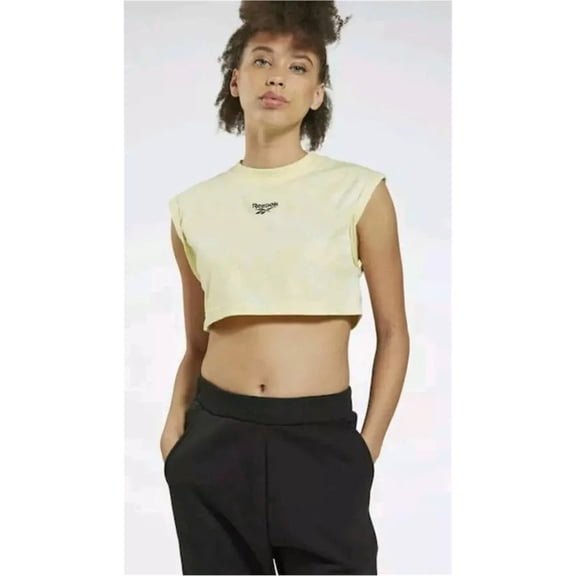 Reebok Womens Classic Vector Cropped Basic T-Shirt, Yellow, Small