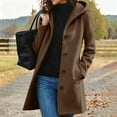 thumbnail image 2 of Hooded Coat for Women Single Breasted Long Sleeve Mid Length Casual Solid Color Winter Jacket Wool Coat with Pockets, 2 of 6