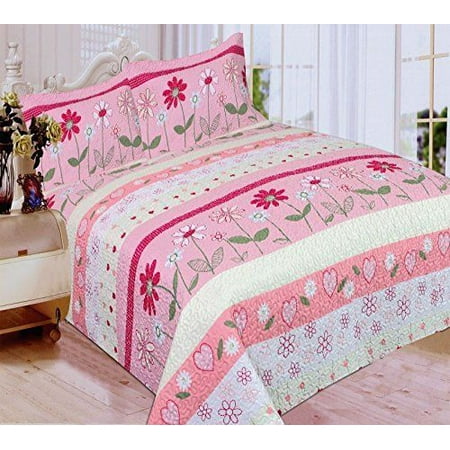 Fancy Linen 3pc Full Bedspread Quilt Girls Flower Pink White Green