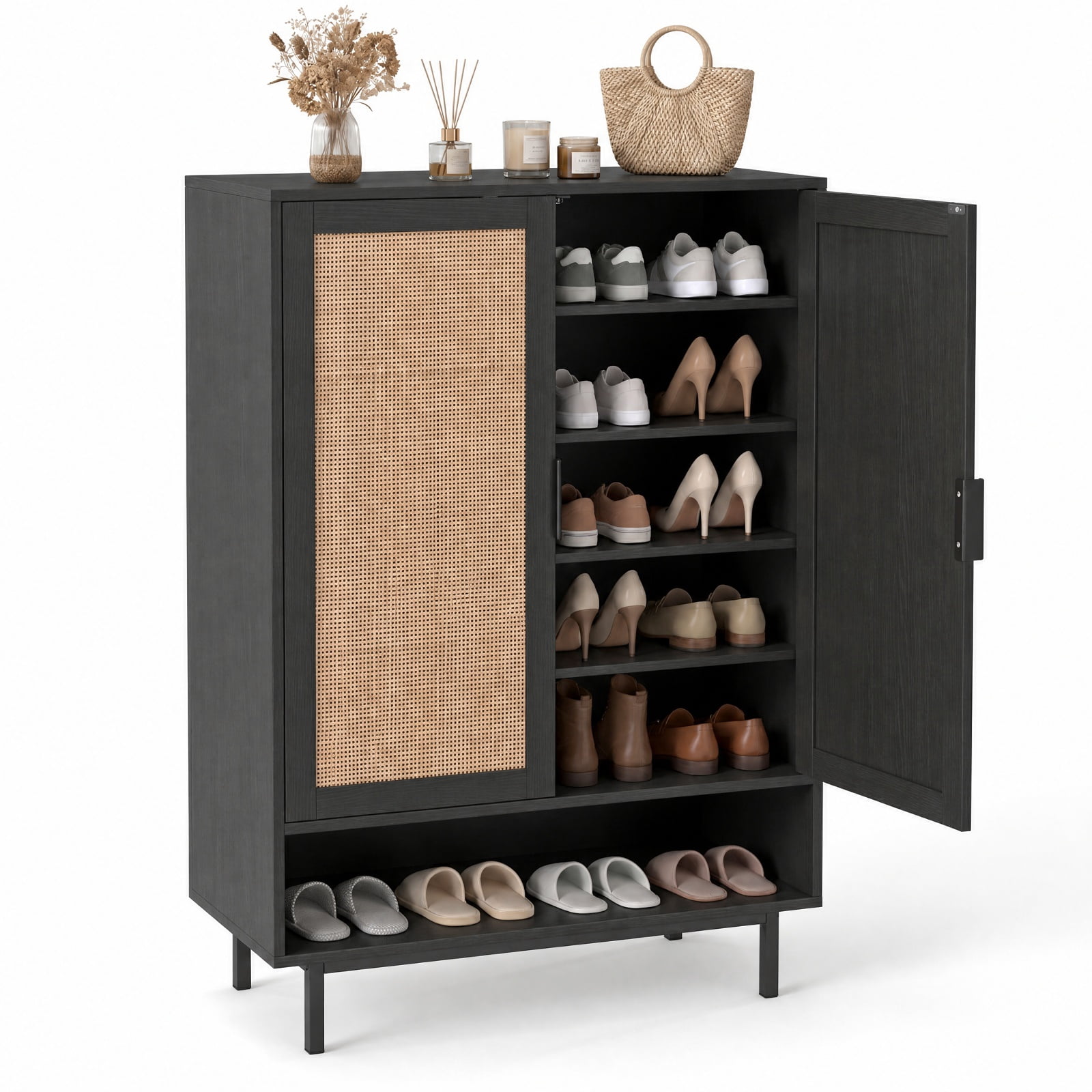 Furnibear 43 Inch Tall 6 Tier Shoe Cabinet with Double Doors and Adjustable Shelves for Entryway Living Room and Closet, Black