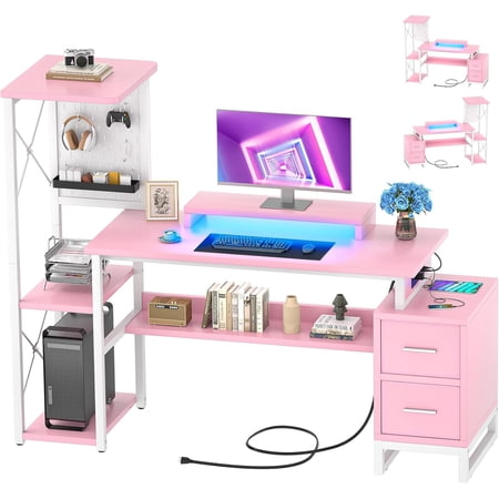 Computer Desk with 2 Fabric Drawers - Reversible Home Office Desk with Power Outlet & LED Lights, 53" Writing Desk with Monitor Stand & Storage Shelves, Gaming Desk Study Table with Pegboard, Pink