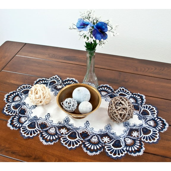 Antique European Navy Blue White Peacock Tail Lace Runner (14" x 27" | 16" x 35"/44"/54")