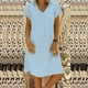 thumbnail image 1 of ICHUANYI Clearance Fashion Women Loose V-Neck Summer Solid Short Sleeve Cotton And Linen Dress(Light Blue, XXL) ICHUANYI WER2023080803290, 1 of 5