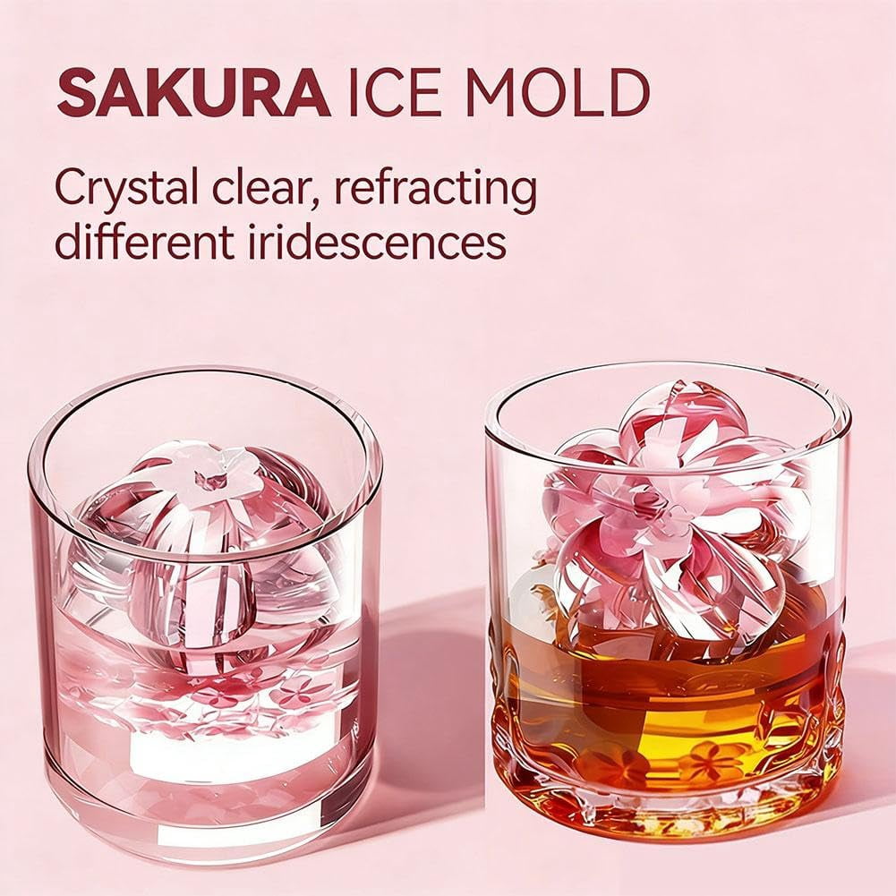 Cherry Blossoms Ice Cube Trays with Covers, 2 Cavity Non-Stick Reusable Ice Maker Mould Quick Release Large Ice Form for Chilled Cocktails and Juice 2PCS Pink