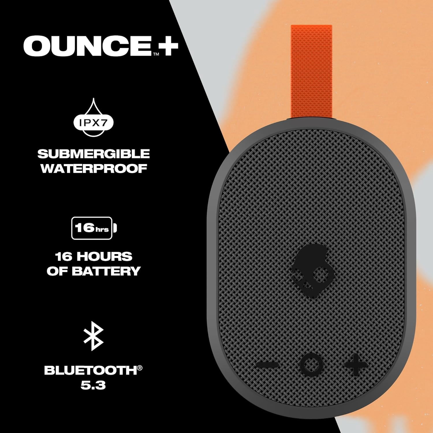 Skullcandy Ounce+ Wireless Speaker, IPX7 Waterproof Portable Speaker, 16 Hour Battery, True Wireless Stereo, Nylon Carry Strap