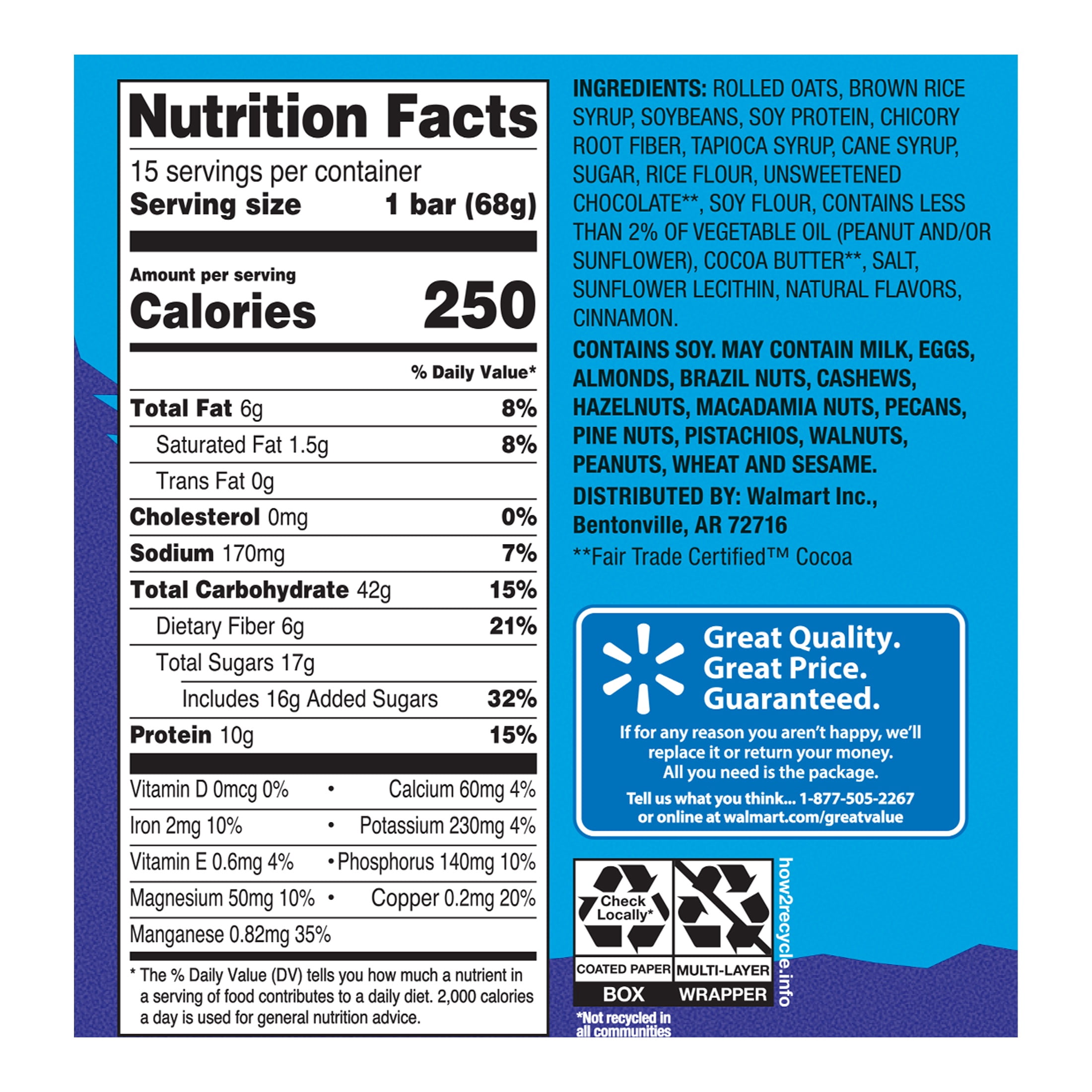 Great Value Energy Bar, Chocolate Chip, 2.4 oz, 15 Count