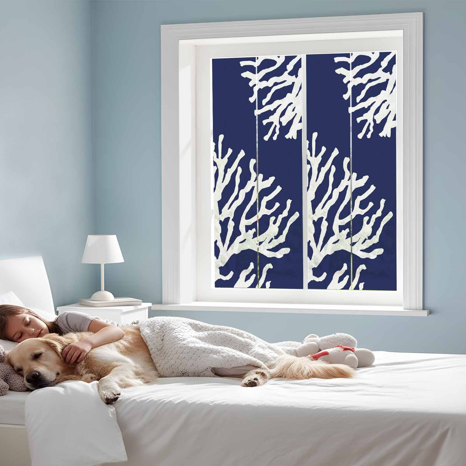 Coral Navy Blue Window Privacy Film, Coastal Ocean Marine Nautical Beach Static Cling UV Sun Blocking Heat Control Window Tint Day and Night, Non-Adhesive One Way Windows Privacy Cover 17.7''x39.3''