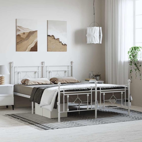vidaXL Queen Metal Bed Frame with Headboard, Under Bed Storage, Noise Free, White, No Mattress