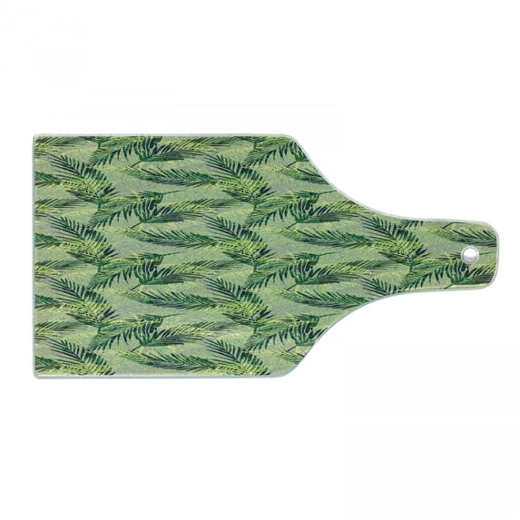 Palm Leaf Cutting Board, Jungle Rainforest Pattern Hand Drawn Green Foliage, Decorative Tempered Glass Cutting and Serving Board, Wine Bottle Shape, Green Apple Green, by Ambesonne