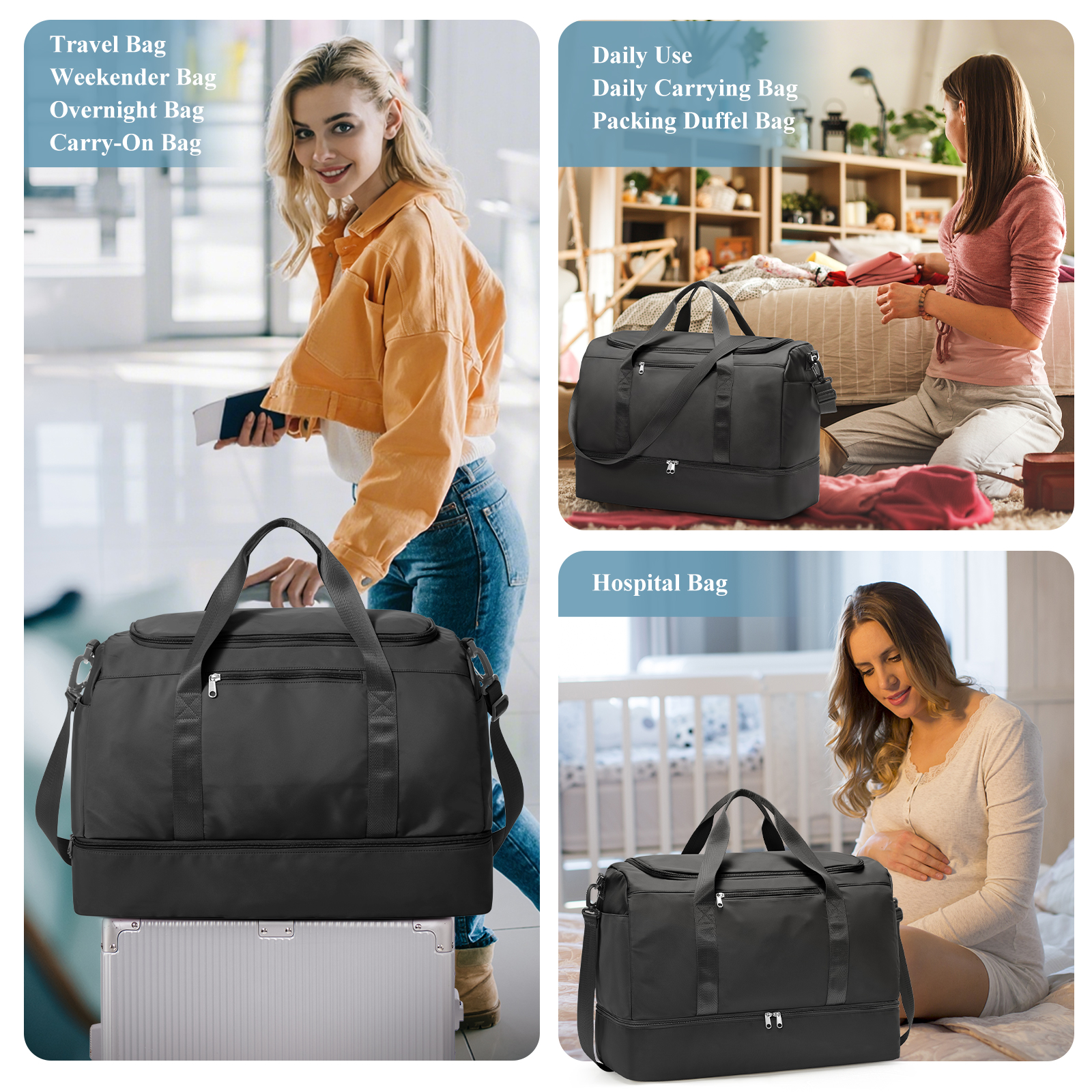 SYCNB Large Travel Duffel Bag, Weekender Overnight Bag for Women, Gym Tote Bag with Shoe Compartment & Toiletry Bag, Carry-On Weekend Bag for Women with Wet Pocket for Travel Business, Black