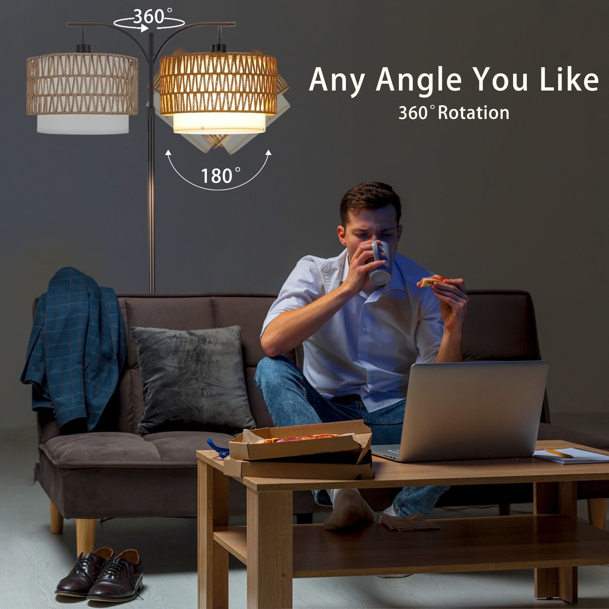 JOPESO Boho Floor Lamp with Remote, Standing Lamp with 3 Color Temperatures Adjustable Tall Lamps Dimmable Rattan Lampe with Fabric Shades for Living Room Bedroom