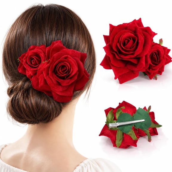 BZCOE Red Rose Hair Clip for Women Girl, Flower Clip for Hair, Bohemia Floral Hair Accessories for Wedding Prom Party Mexican Costume Red Flower Hair Clip