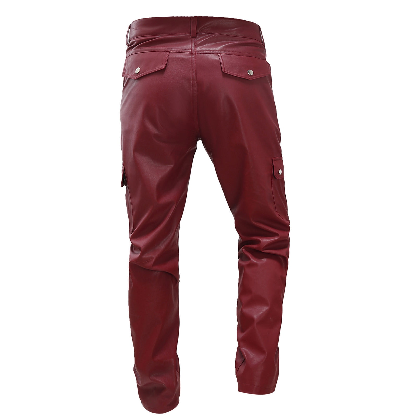 cllios Men's Faux Leather Pants Steampunk Goth Pants Multi Pockets Slim Fit Leather Pants Trousers for Men Motor Biker Hip Hop Trousers Red M