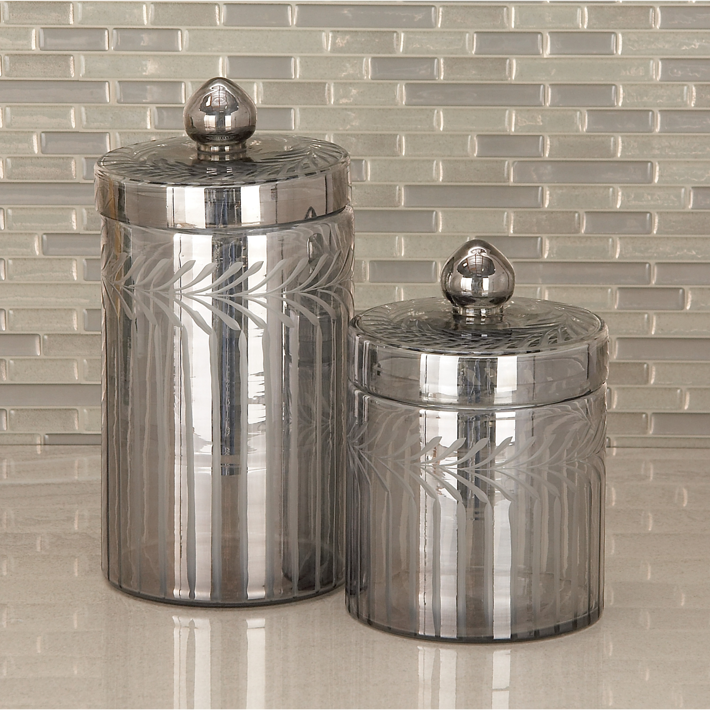 DecMode 7", 10"H Gray Glass Handmade Decorative Jars, 2-Pieces