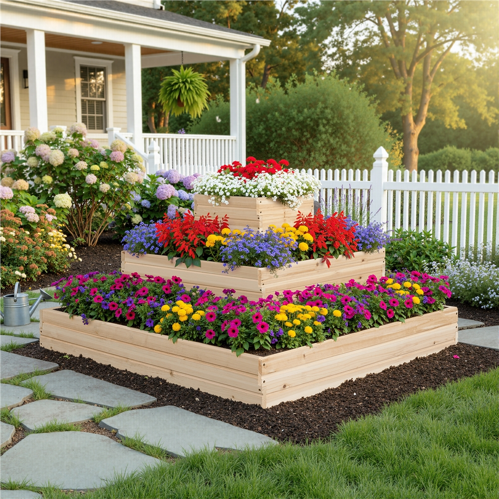 Renwick 3-Tier Open-Bottom Raised Garden Bed for Flowers Herbs Vegetable, Wood