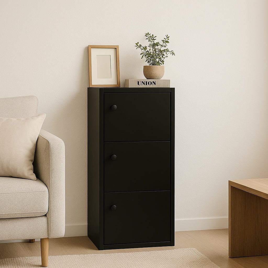 3-Tier Black Bookcase with Doors – Matte Finish Vertical Storage Shelf by PJ Furniture