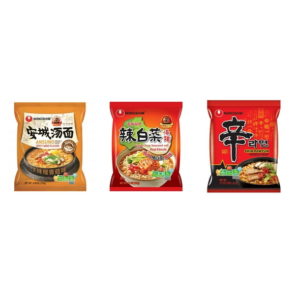 3 Pack Korean NongShim Gourmet Spicy Shin Instant Ramen Noodle, 3 Flavors(Ansung,kimchi,shin red) Plus NineChef Brand Long Handle Coffee Spoon