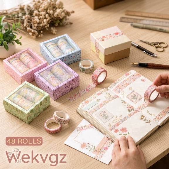 48 Roll Floral Gold Foil Washi Tape Set, Decorative Craft Tape for Journaling, Scrapbooking, and DIY Gifts, 3 Sizes, Wekvgz