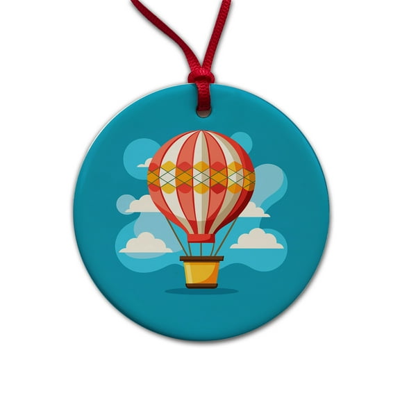 Hot Air Balloon in Sky Christmas Tree Holiday Round Ceramic Ornament