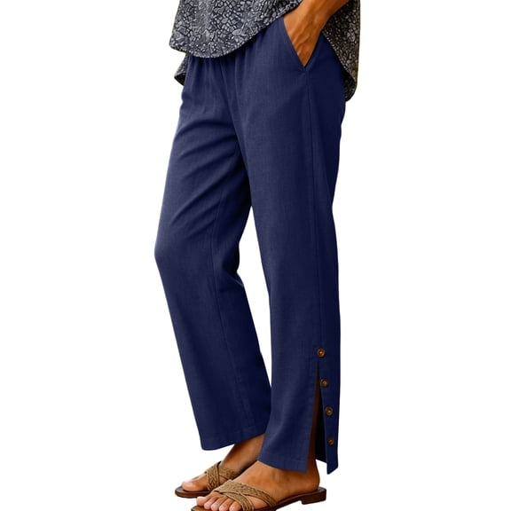 GUACER No Boundarie Womens Pants Cotton Elastic Waist Casual Straight Leg Trousers Button Side Slit Summer Pants