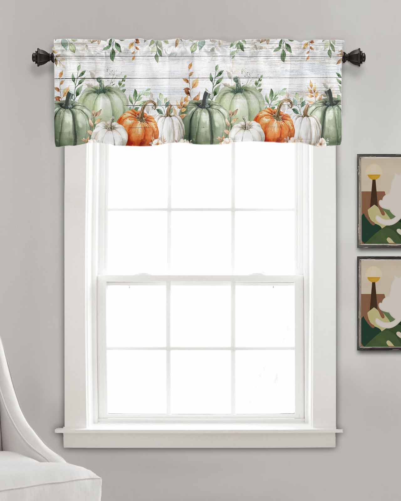 Thanksgiving Fall Kitchen Valances for Windows Farmhouse Linen Window Valance Curtain for Living Room Window Treatment Autumn Eucalyptus Sage Green Pumpkin Valance Rod Pocket Topper, 60 x 18 Inch
