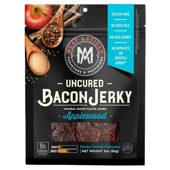 Meat Artisan Uncured Bacon Jerky - Applewood Smoked - Gluten Free No MSG and No Nitrates - Gourmet Meat Snacks - Candied Bacon Gifts - 3oz (85g)