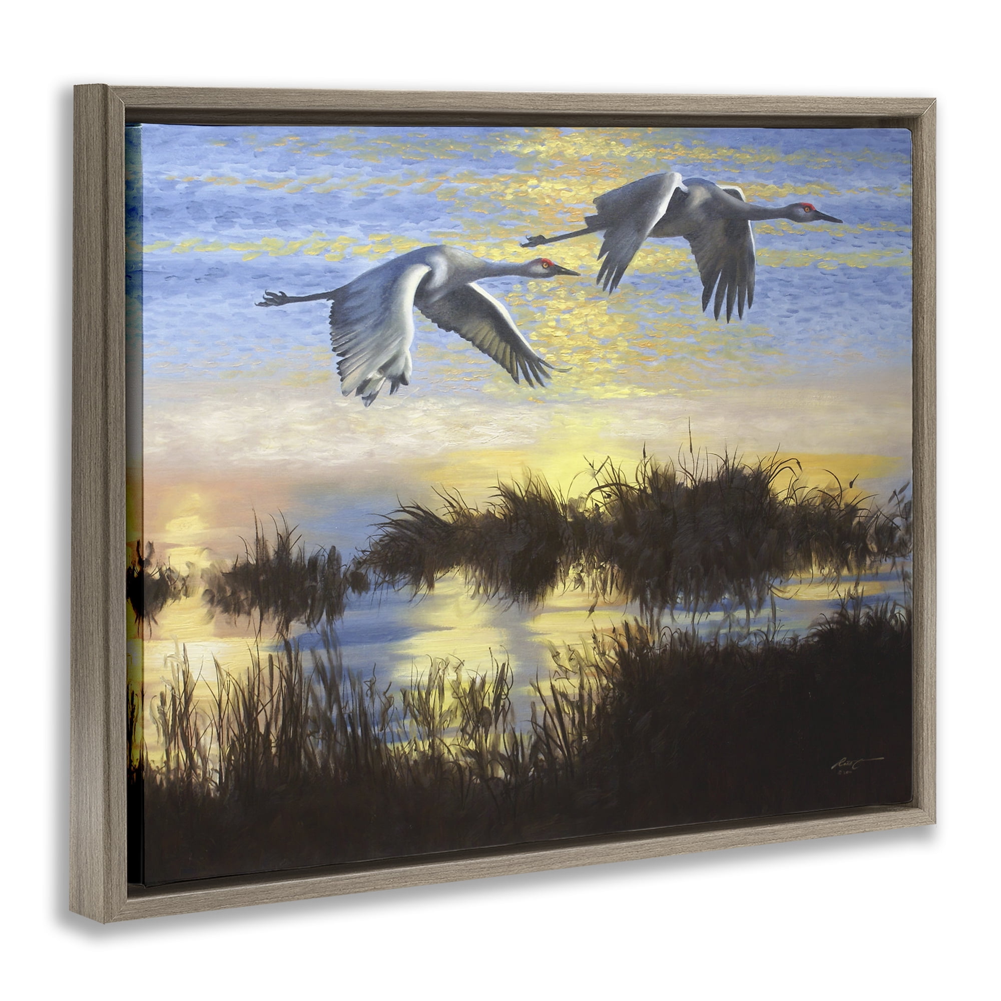Stupell Industries Two Cranes Over Lake Landscape Painting Brown Floater Framed Canvas Art Print Wall Art, 31 x 25