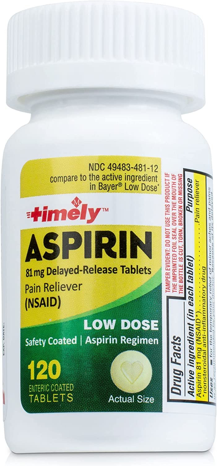 Timely by Time Cap Labs- 120 Count Low Dose Aspirin 81mg for Adults - Compared to Bayers - Enteric Coated Low Strength Aspirin Tablets - Pain Reliever for Minor Aches and Pains - Made in USA