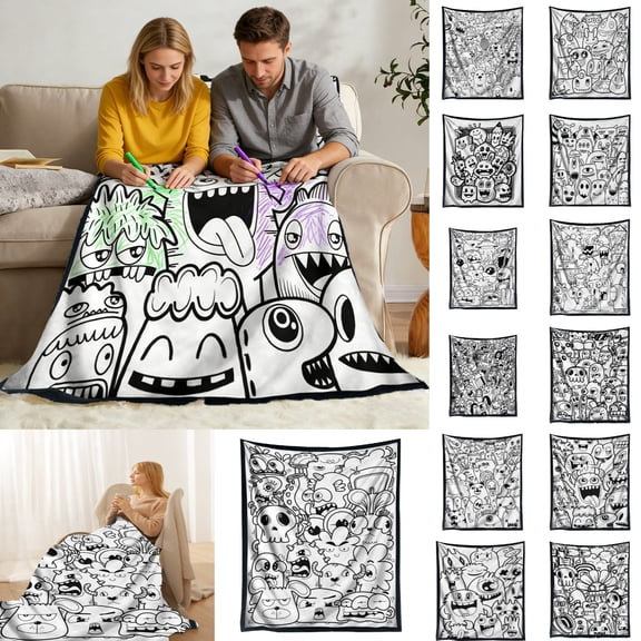 Washable Coloring Blankets, Cozy Doodle Blanket Sketch Blankets & Reusable Doodle Mat, Creative Art Blanket for Kids Adults Activity Play