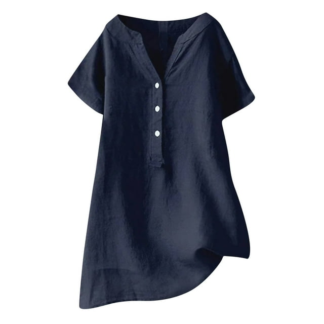 Timegard Womens Cotton Linen Tops Plus Size Notched V Neck Button Short Sleeve Casual Loose Tee Shirts