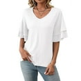thumbnail image 3 of Womens V-Neck Tops Dressy Double Layer Bell Sleeve 3/4 Length Ruffle Sleeve T Shirts White S, 3 of 8