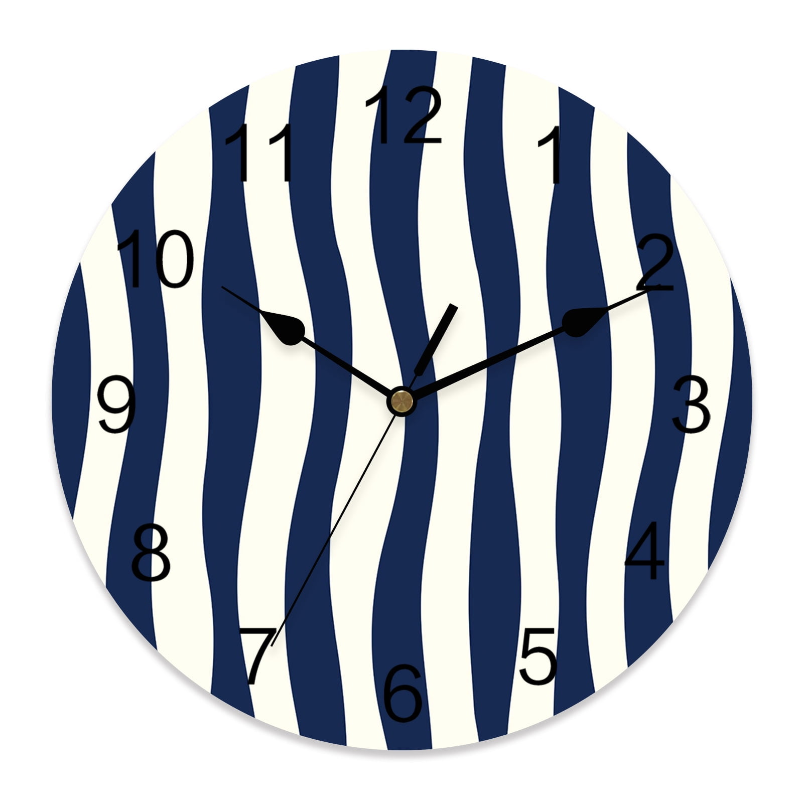 12 Inch Navy Blue Stripes Wall Clock, Minimalist Classic Wavy Striped Nautical Battery Operated Silent Non Ticking Clocks, Easy to Read Round Wall Clock for Kitchen/Living Room/Bedroom/Bathroom
