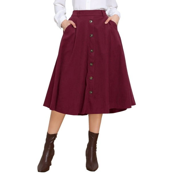 Falda de pana para mujer, con botones en la parte delantera, de cintura alta, vintage, elástica, en línea A, acampanada, casual, midi, con bolsillos, color burdeos