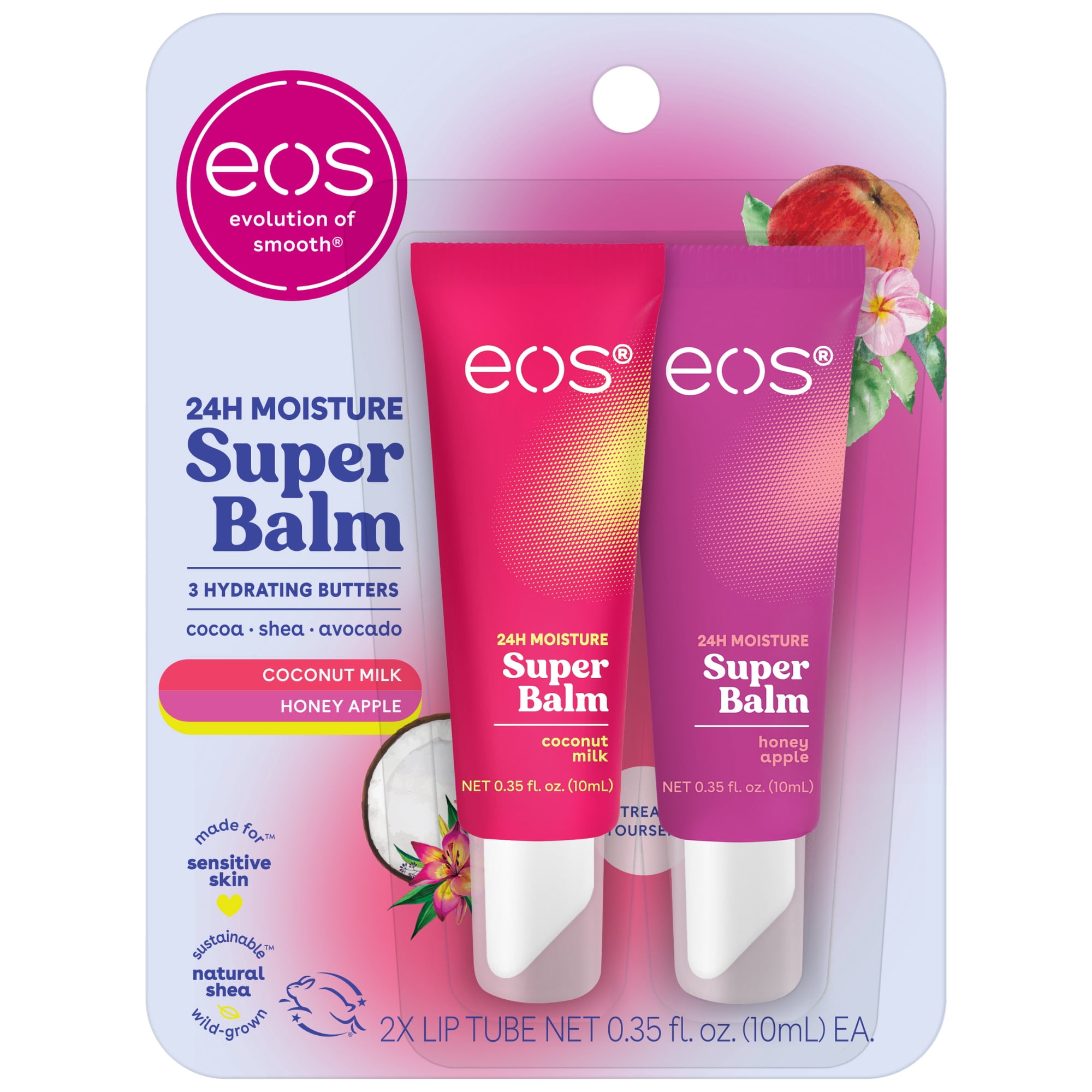 Eos 24H Moisture Super Balm- Coconut Milk & Honey Apple, Lip Sleeping Mask, 0.35 fl oz, Pack of 2